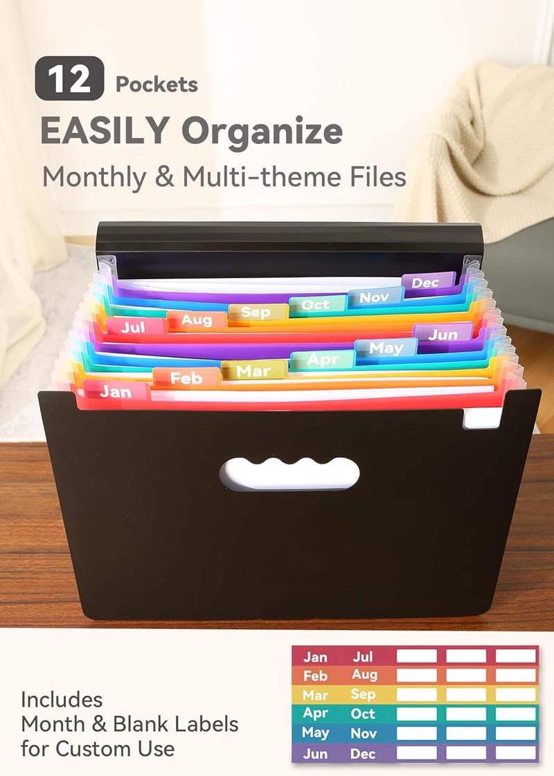 SortRax Accordion File Organizer 12 Pockets, Monthly Bill Receipt Tax Organizer, Expanding File Folders with Larger Bright Tabs, Fits Letter/A4 Size - Black - Image 2